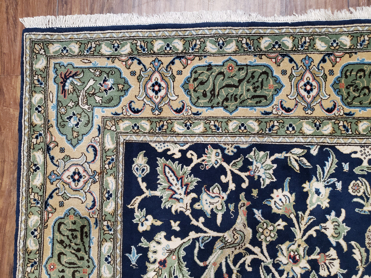 Semi Antique Persian Qum Tree of Life Rug, Hand-Knotted, Wool, Midnight Blue and Tan, Animal Pictorials, Written Poem in Borders, 4' 8" x 7' 8" - Jewel Rugs, view 6