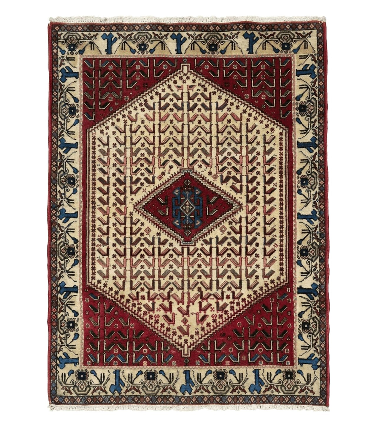 3' X 5' Vintage Handmade India Geometric Oriental Wool Rug Nice Birds Ivory Red - Jewel Rugs