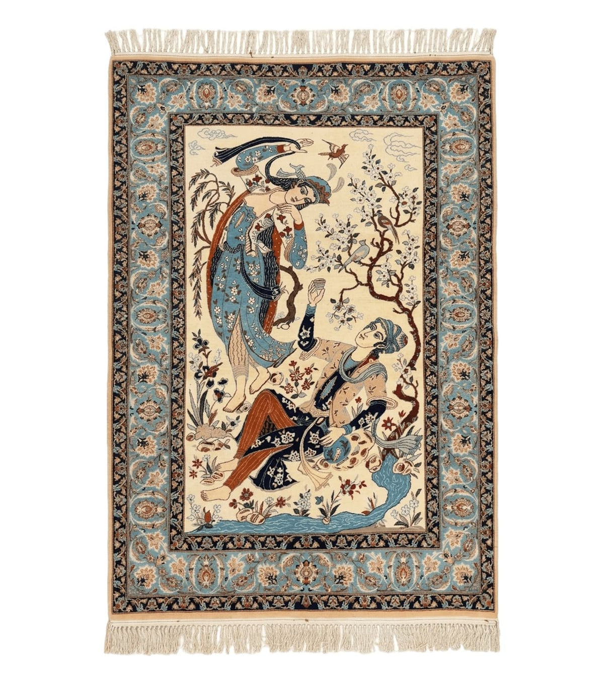 Persian Isfahan Pictorial Rug, Two Lovers, Kork Wool on Silk Foundation, Ivory and Light Blue, 500 KPSI Super Fine - Jewel Rugs