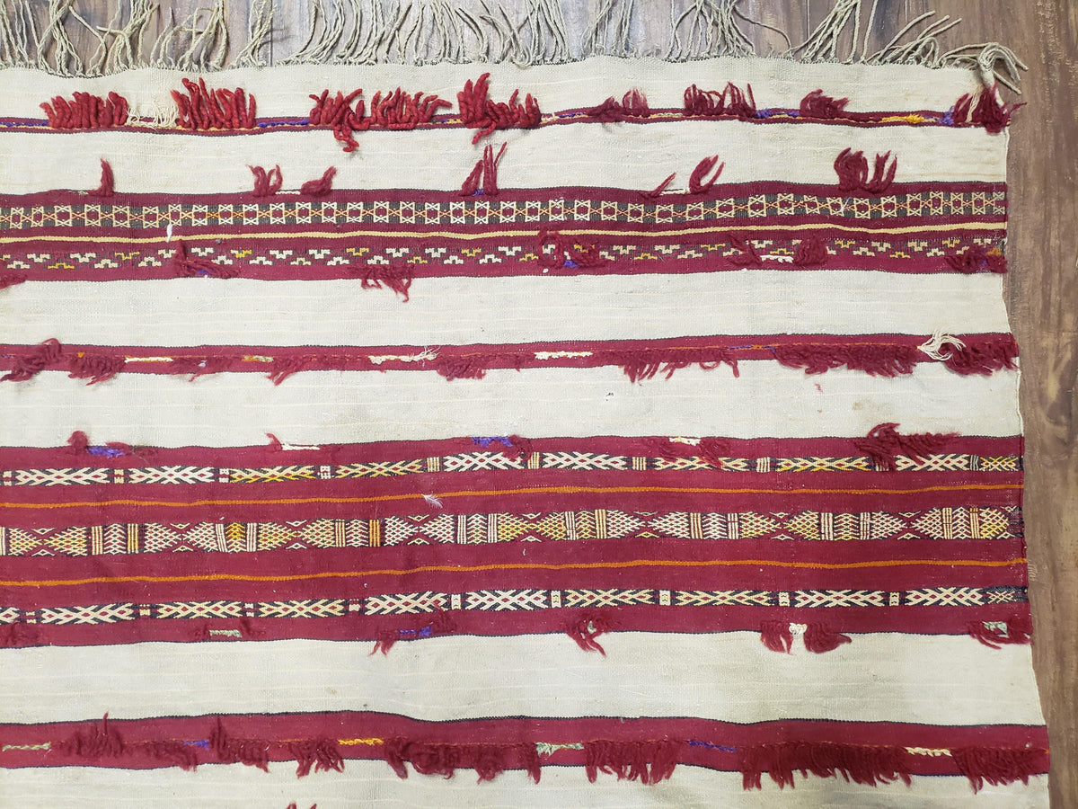 Antique Turkoman Yamud Rug 3x5 ft, 1920s Turkmen Sofreh Table Cover, Bohemian Rug, Tribal Collectible, Striped Rug, Handmade Ivory and Red - Jewel Rugs, view 8
