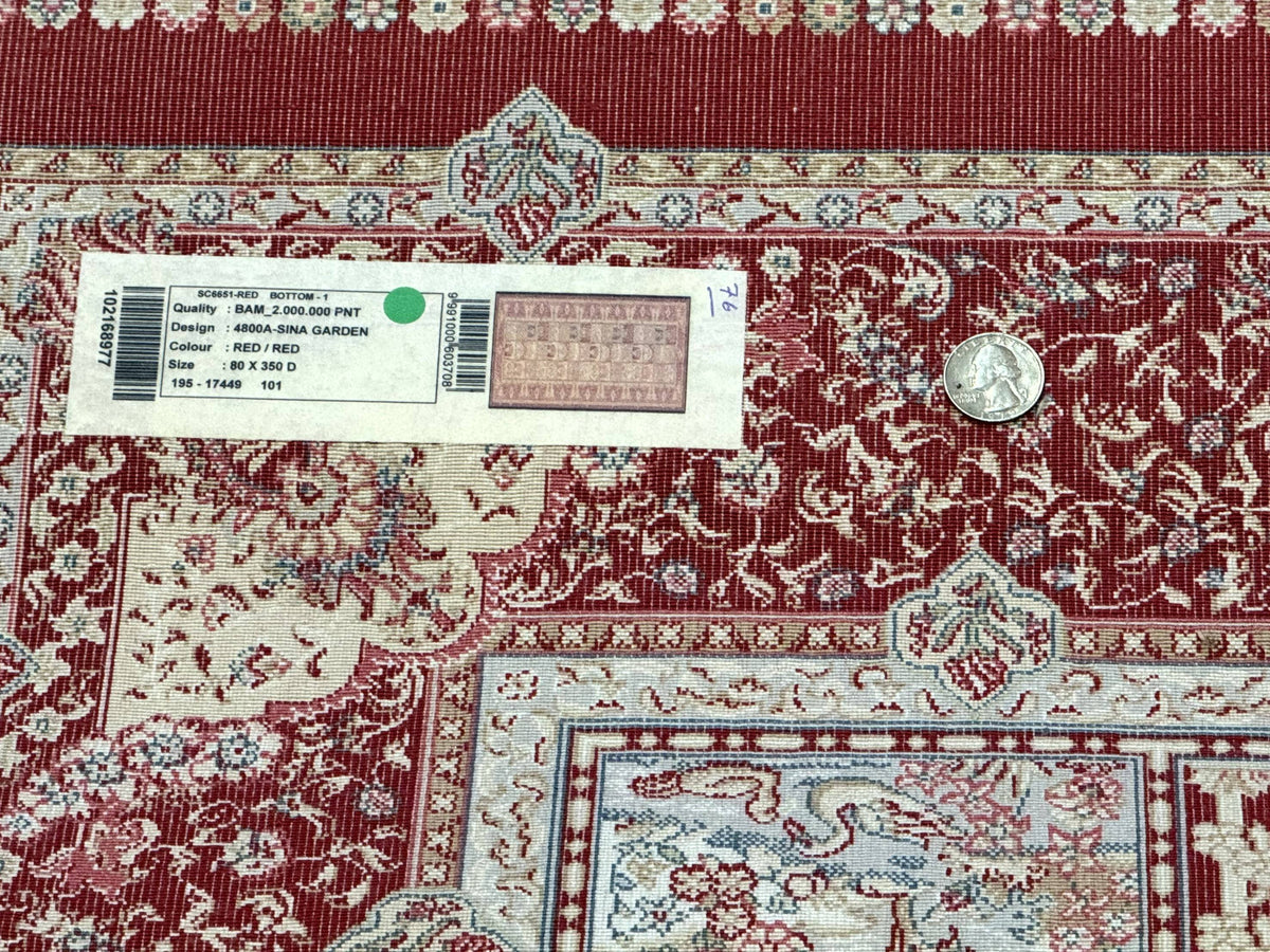 Turkish Silk Runner Rug 2.6 x 11.6, Panel Design, Dark Red Ivory, Bamboo Silk, New - Jewel Rugs, view 10