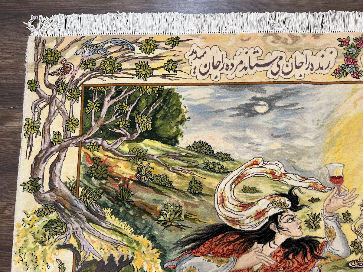 Persian Tabriz Pictorial Rug 5x3, Hafez Poetry In Border, Very Fine Hand Knotted Carpet, Wall Hanging Wool Oriental Carpet 3x5, Highly Detailed - Jewel Rugs, view 6