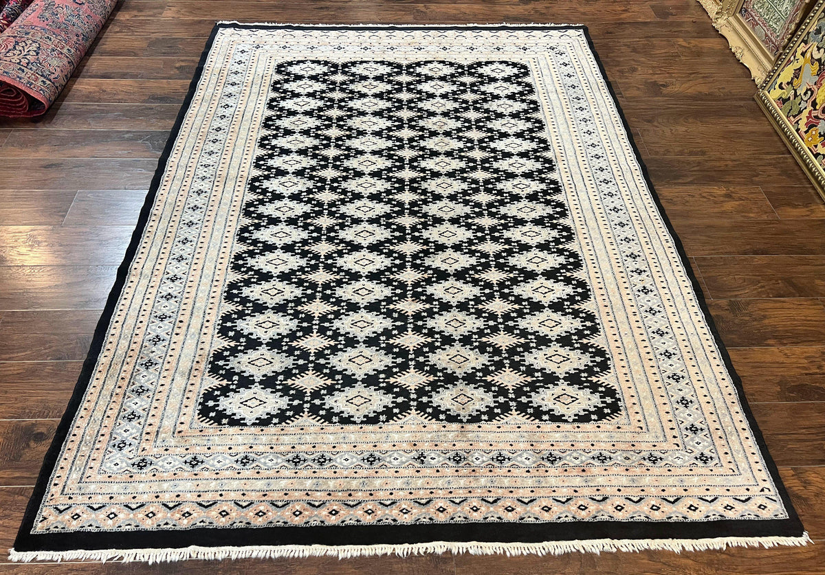 Pakistani Bokhara Rug 6x9, Hand Knotted Vintage Wool Carpet with Silk Highlights, Very Fine 320 KPSI, Medium Size - Jewel Rugs, view 2