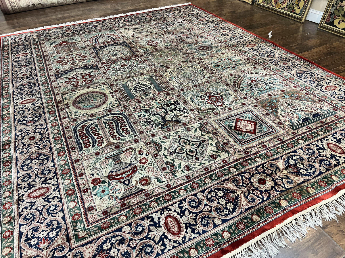 Silk Sino Persian Rug 9x12, Panel Design, Garden of Eden Pattern, Fine 200 KPSI, Hand Knotted Room Sized Silk Carpet, Vintage - Jewel Rugs, view 13