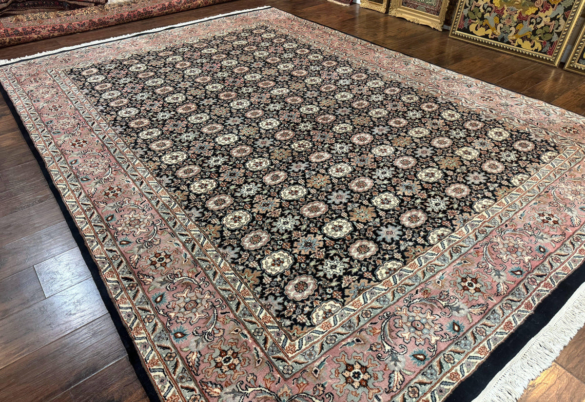 Indo Persian Rug 9x12, Vintage Handmade Wool Carpet, Repeated Allover Motif, Navy Blue and Pink - Jewel Rugs, view 13