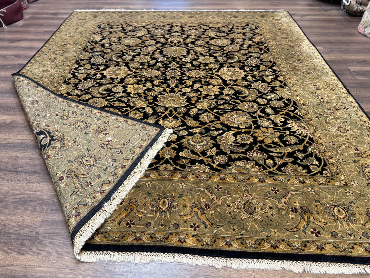 Indo Persian Rug 8x10, Black and Green, Wool, Handmade, Traditional, Floral Allover, Vintage - Jewel Rugs, view 12