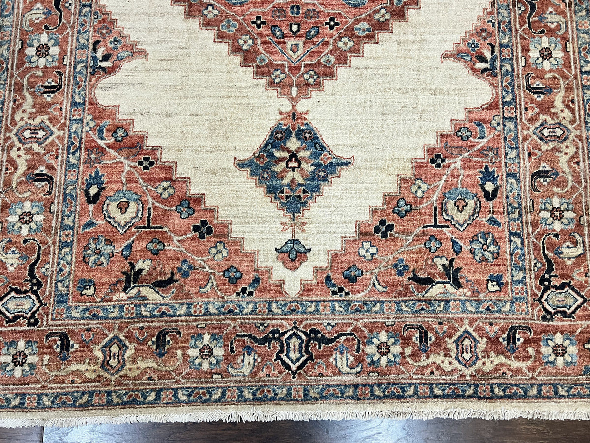 Peshawar Rug 5x7, Wool Hand Knotted Handmade Vintage Carpet, Serapi Design, Pakistani Rug 5 x 7 ft, Medium Sized, Geometric Rug - Jewel Rugs, view 6