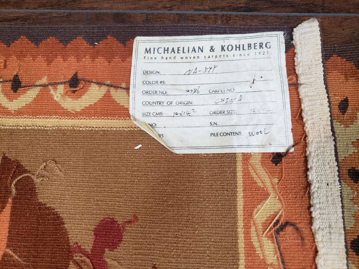Vintage Chinese Aubusson Savonnerie Flat Pile Rug 9.9 x 14.5 Wool Handwoven Red & Khaki Large Flowers Rug 9x14 - 10x15 Michaelian Kolhberg - Jewel Rugs, view 13