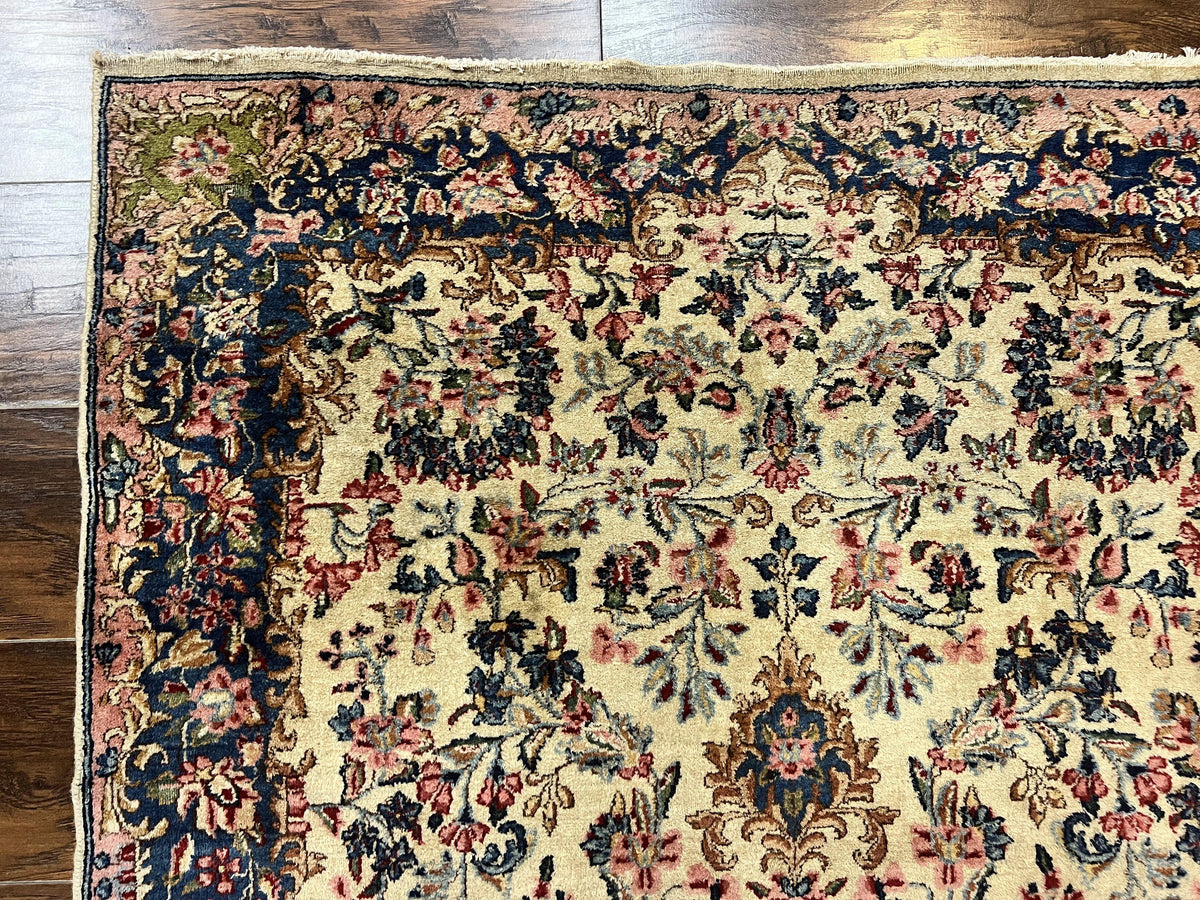 Antique Persian Kirman Rug 4x7, Cream and Navy Blue, Hand Knotted Wool Floral Carpet - Jewel Rugs, view 7