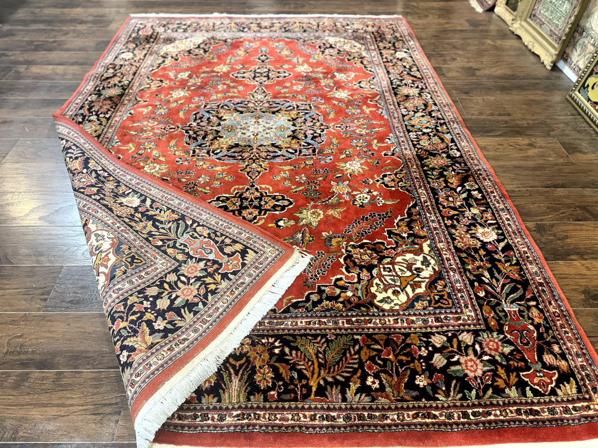 Indo Persian Rug 7x10, Vintage Handmade Wool Carpet, Floral Medallion Traditional Rug, Red and Midnight Blue - Jewel Rugs, view 12