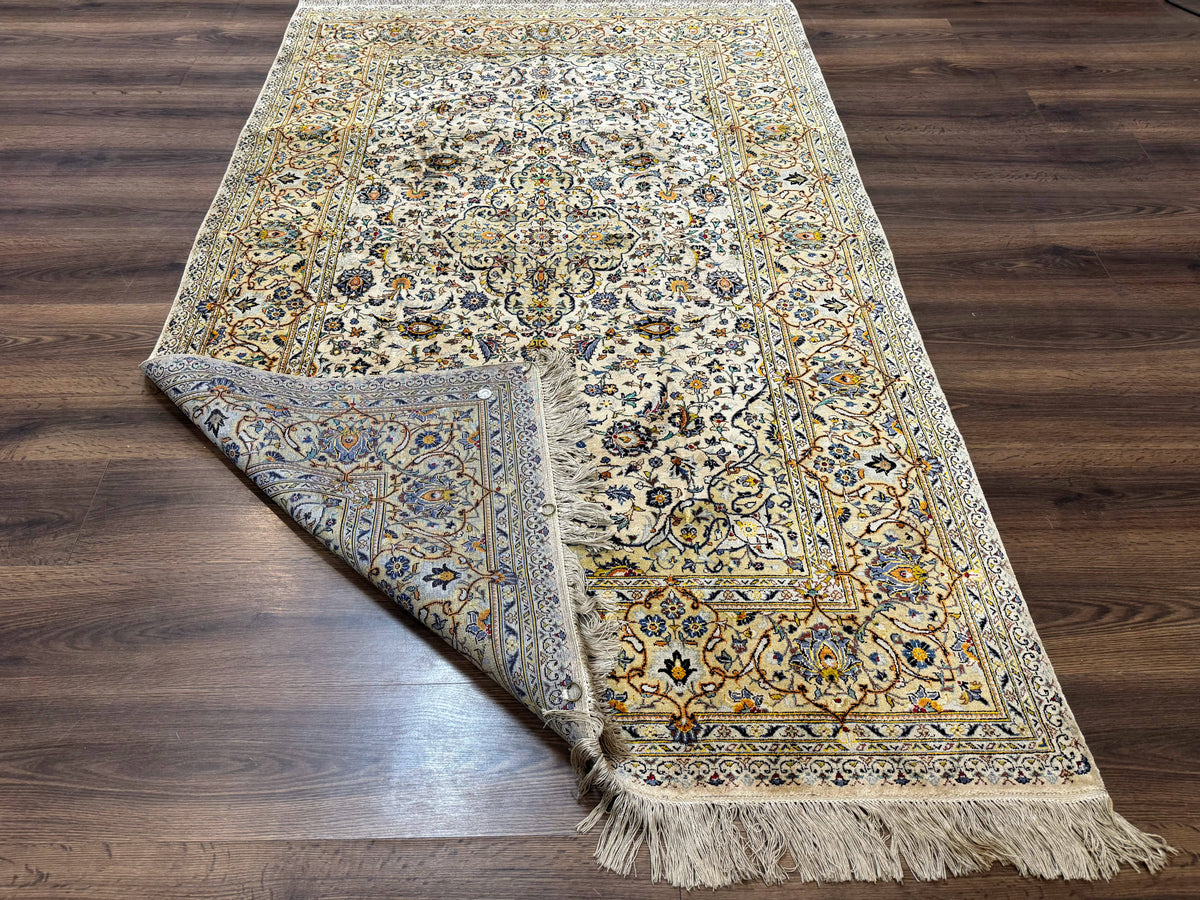 Rare Silk Persian Kashan Rug 4.6 x 7, Antique Fine 310 KPSI, Ivory - Jewel Rugs, view 11