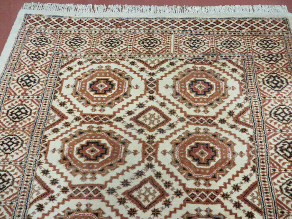 4' X 7' Vintage Handmade Pakistani Turkoman Bokhara Balouch Woven Wool Rug Ivory - Jewel Rugs, view 4