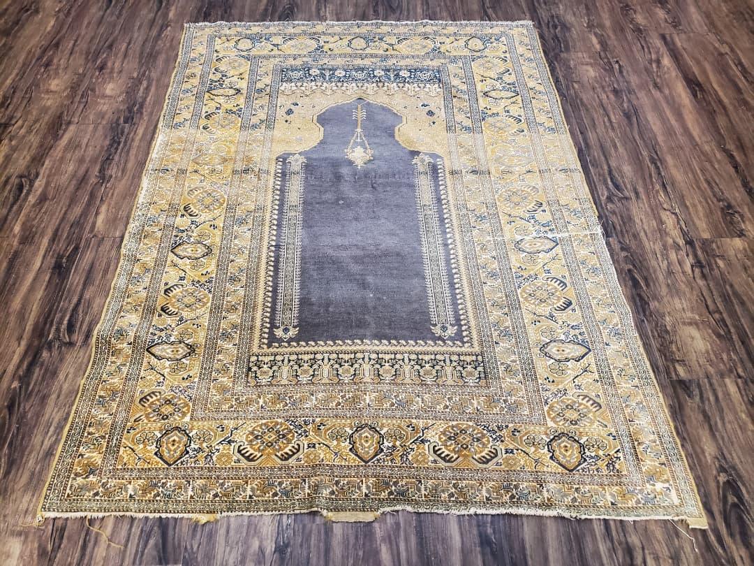 Rare Turkish Ghiordes Prayer Rug 4 x 5.8 ft, Late 19th Century Turkish Oriental Carpet, Mehrab Antique Prayer Rug, Museum Quality, Blue, Tan - Jewel Rugs, view 2