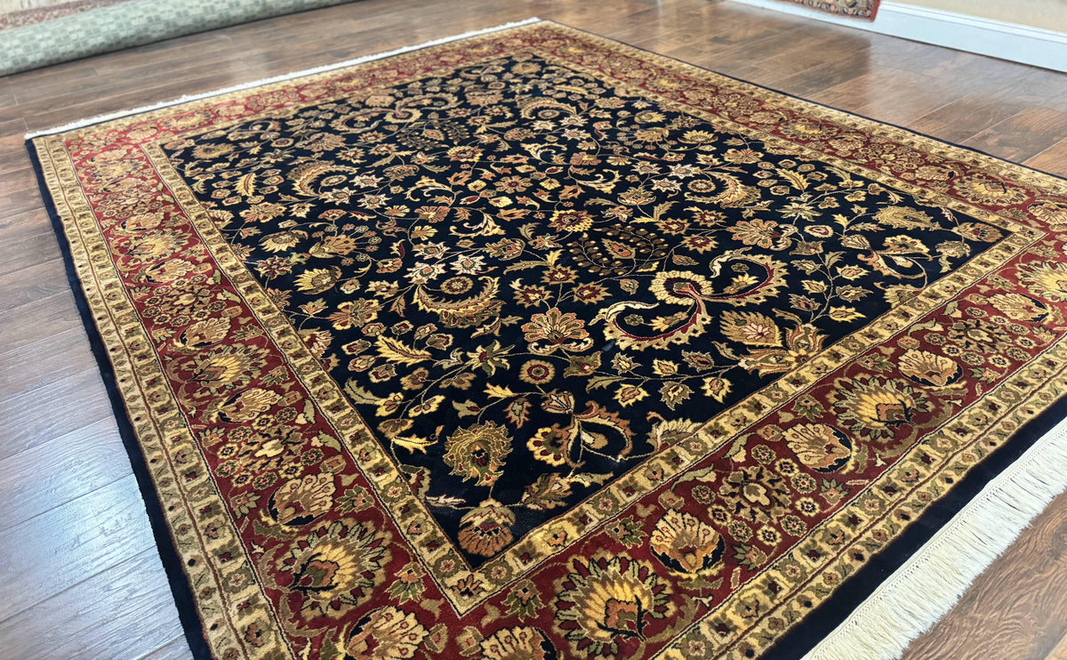Indo Persian Rug 8x10, Navy Blue and Red, Floral Allover, Hand Knotted Vintage Wool Carpet, Indo Sarouk - Jewel Rugs, view 13