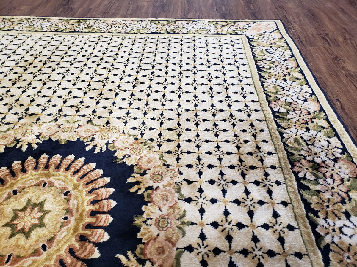 Indian Rug with Tibetan Weave, 6x8 - 6x9 Rugs, Indo-Tibetan Rug, Black and Cream Beige Tan, Floral Border, Soft Rug, Handmade Area Rug, Wool - Jewel Rugs, view 8