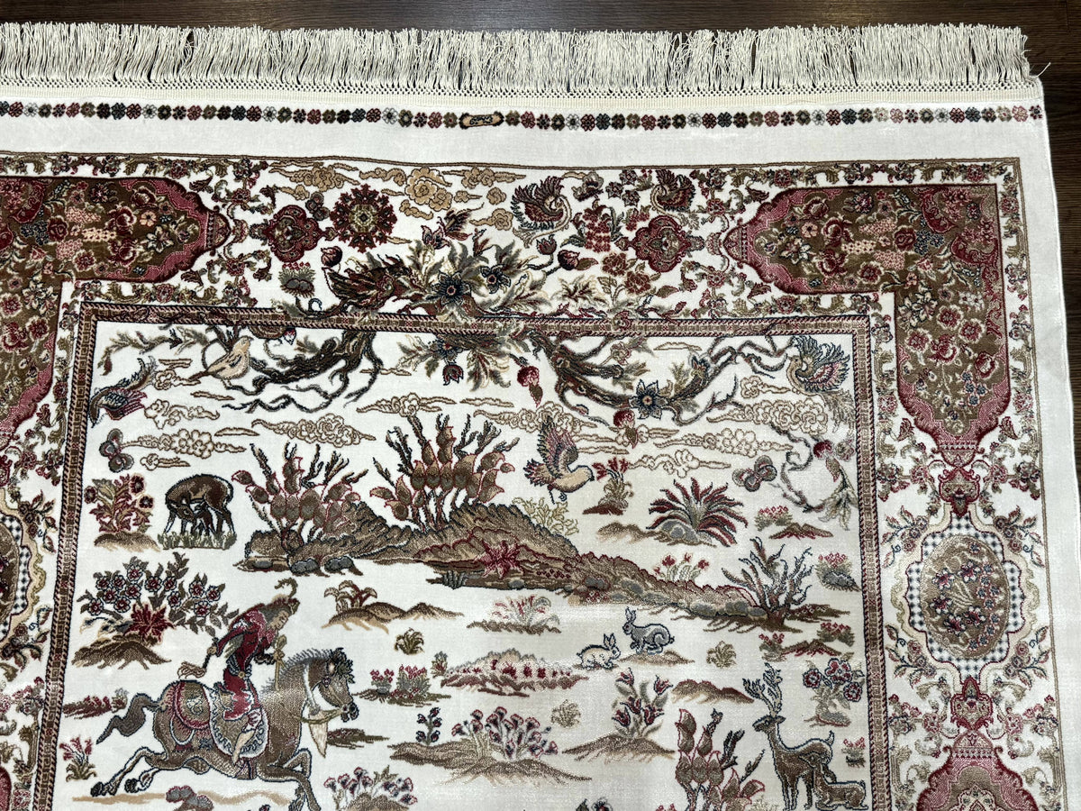 Turkish Silk Hunting Scene Rug 4x6, Ivory, Bamboo Silk, New - Jewel Rugs, view 8