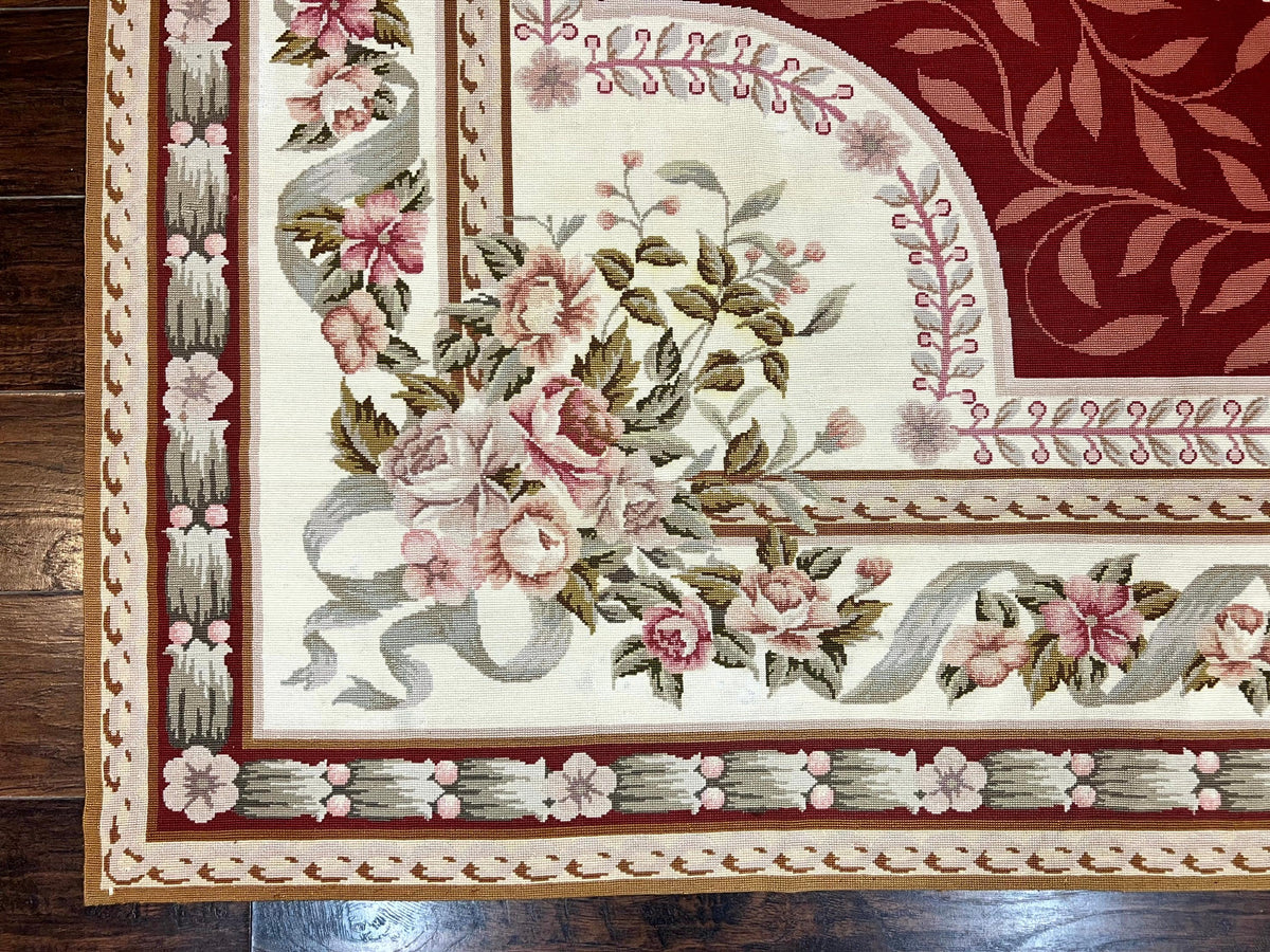 Wonderful Aubusson Rug 9x12, Handmade Vintage Needlepoint Carpet, Red and Ivory, Elegant European Design, Wool - Jewel Rugs, view 9