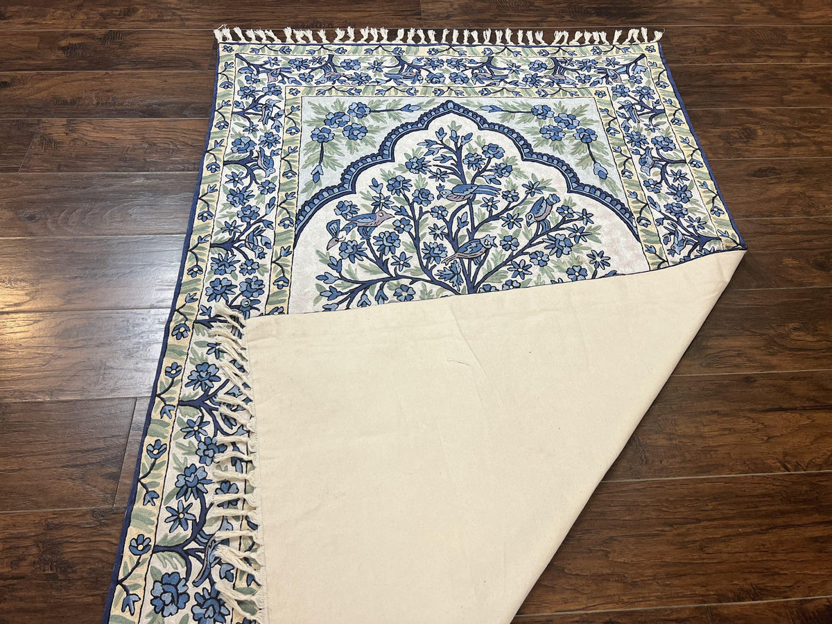 Tree of Life Indian Hand Stitched Rug 4x6, Indian Wall Hanging Rug, Ivory Blue, Silk on Cotton, Vintage - Jewel Rugs, view 12