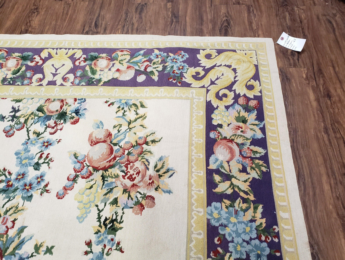Vintage Chinese Floral Needlepoint Area Rug 6x9, Wool Hand-Woven Handmade Flatweave Rug, Ivory & Purple, Fruits Grapes Apples, Dining Room - Jewel Rugs, view 8