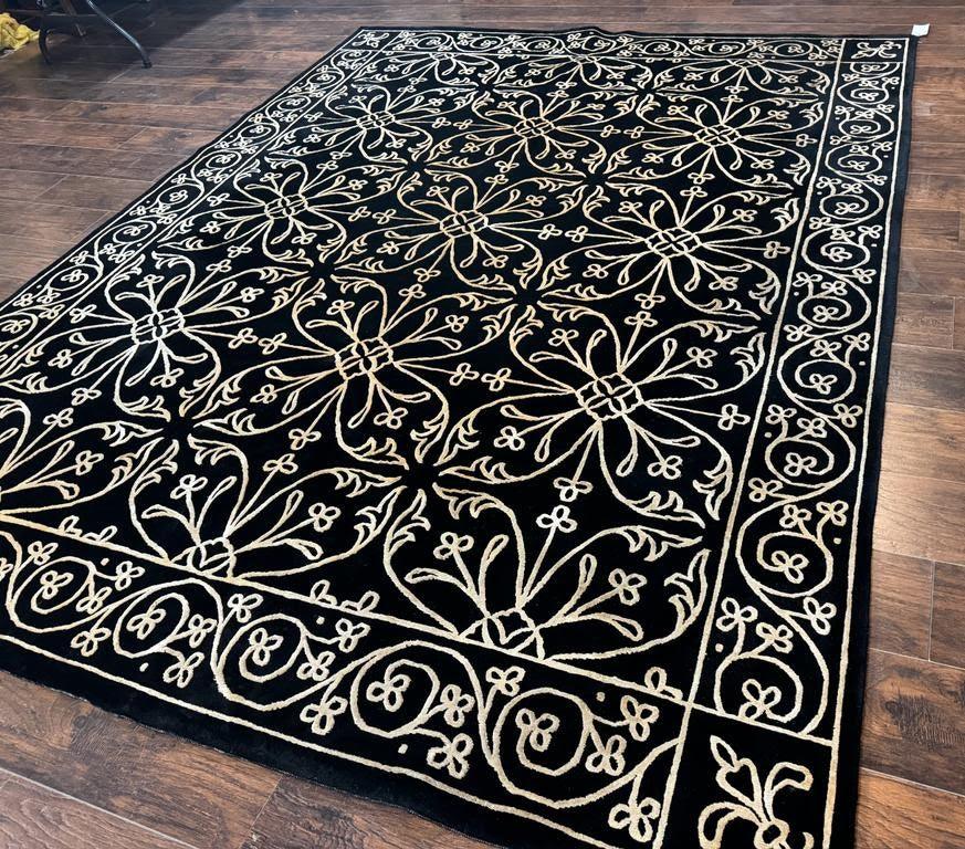 Tibetan Rug 8x10, Wool and Silk, Raised Pattern, Black and Gold, Floral - Jewel Rugs, view 3