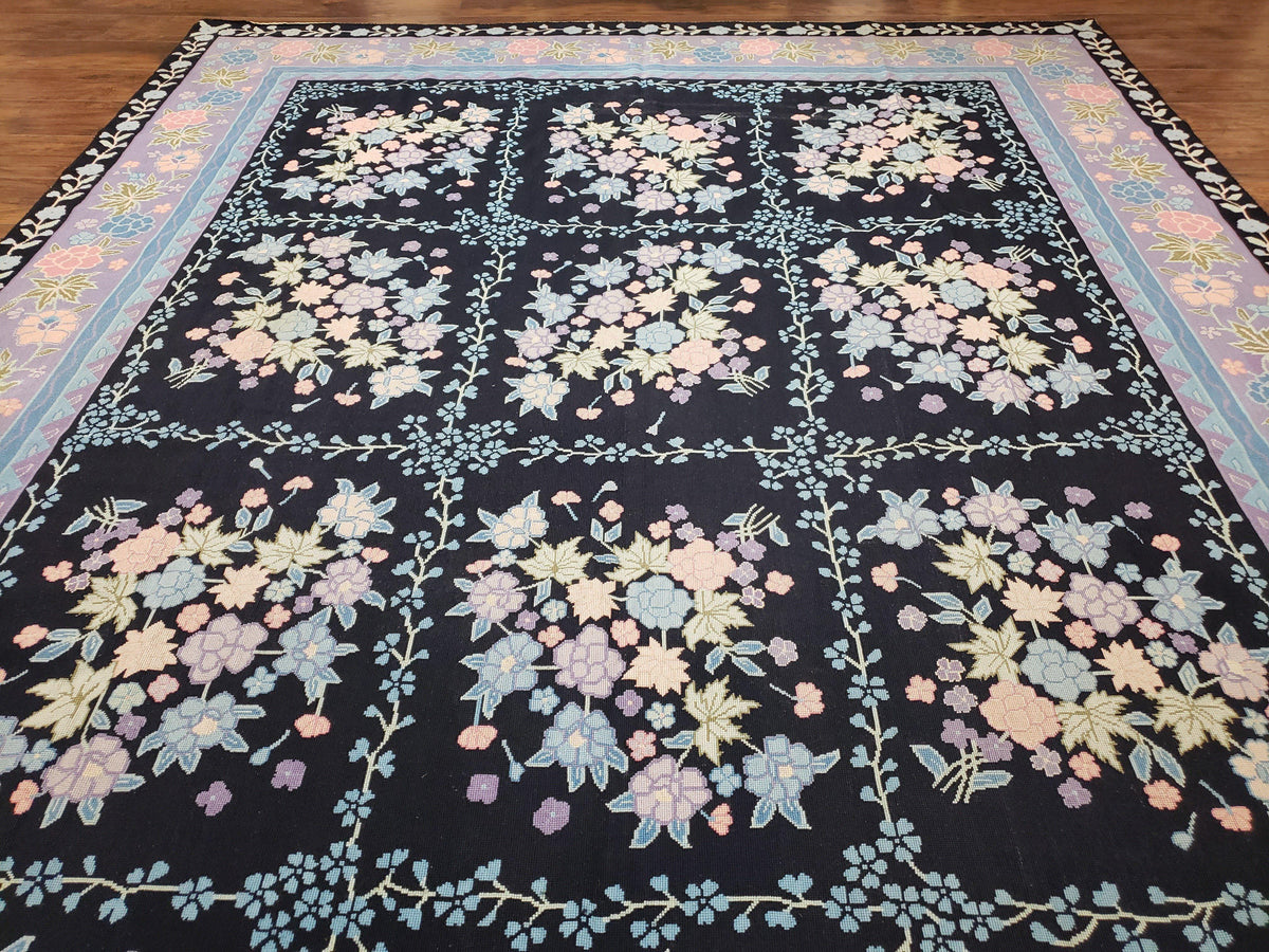 Chinese Needlepoint Rug 8 x 11.4, Hand-Woven Area Carpet, Flatweave Rug, Black Blue Light Violet Floral Garden European Design Wool Aubusson - Jewel Rugs, view 5