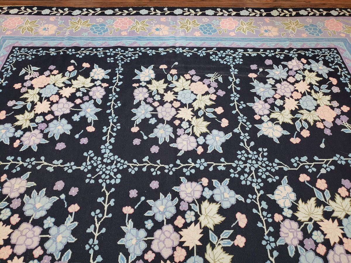 Chinese Needlepoint Rug 8 x 11.4, Hand-Woven Area Carpet, Flatweave Rug, Black Blue Light Violet Floral Garden European Design Wool Aubusson - Jewel Rugs, view 13