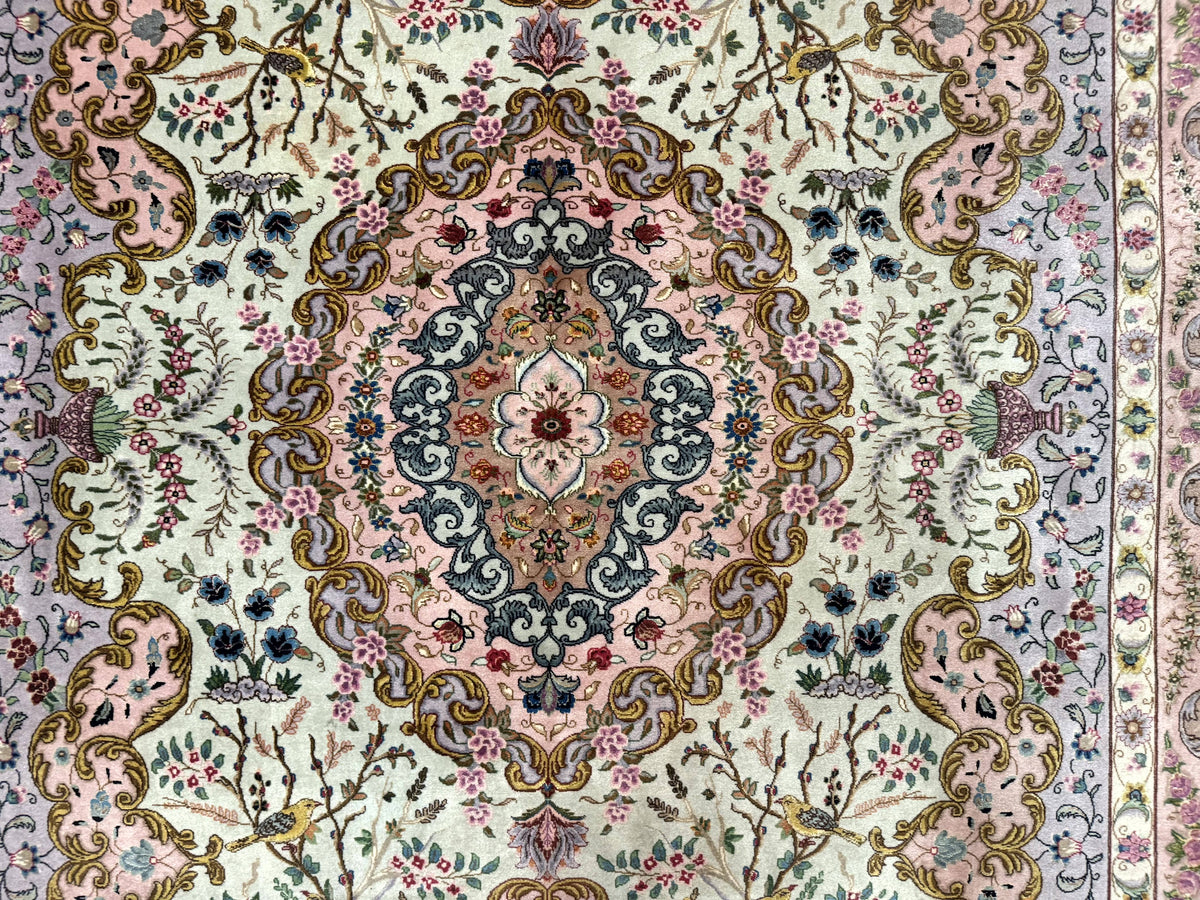 Wonderful Persian Tabriz Rug 7x10, Very Fine 330 KPSI, Light Green Light Blue Pink, Kork Wool Silk Foundation, Bird Pictorials - Jewel Rugs, view 5