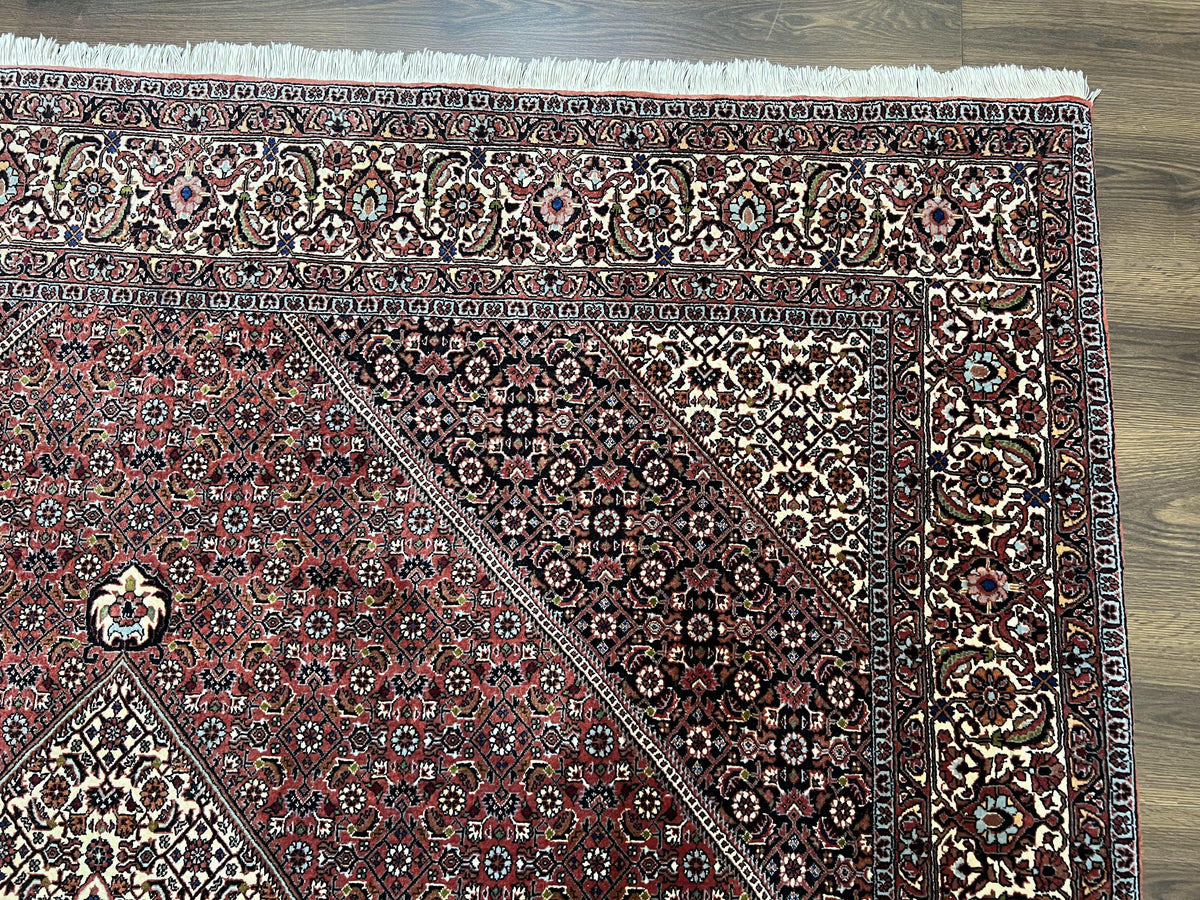 Wonderful Persian Bidjar Rug 7x8 ft, Almost Square Oriental Carpet, Herati Mahi, Highly Detailed, Ivory Red Navy Blue, Very Fine Handmade Bijar Rug - Jewel Rugs, view 8