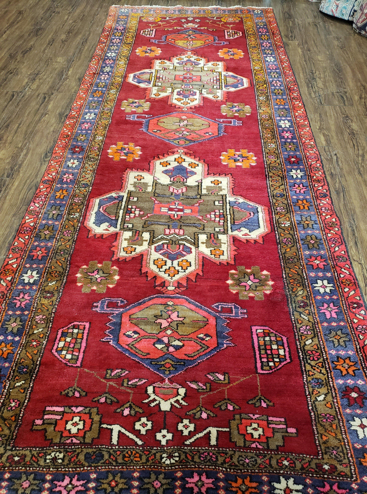 Antique Persian Karajeh Runner Rug 4.4 x 11 ft, Red Colorful Geometric Medallion Runner - Jewel Rugs, view 2