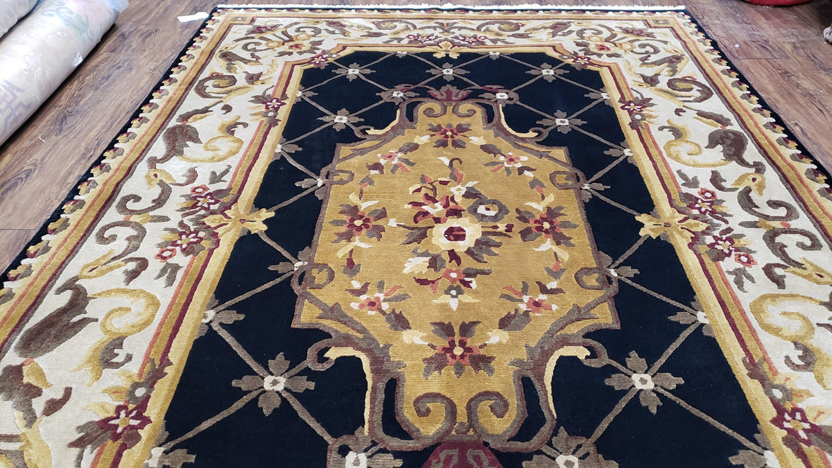 Nepal Rug 6x9, Nepalese Aubusson Area Rug 6 x 9, Hand-Knotted Wool Soft Pile Black & Beige Tibetan Aubusson New Carpet European Savonnerie - Jewel Rugs, view 6