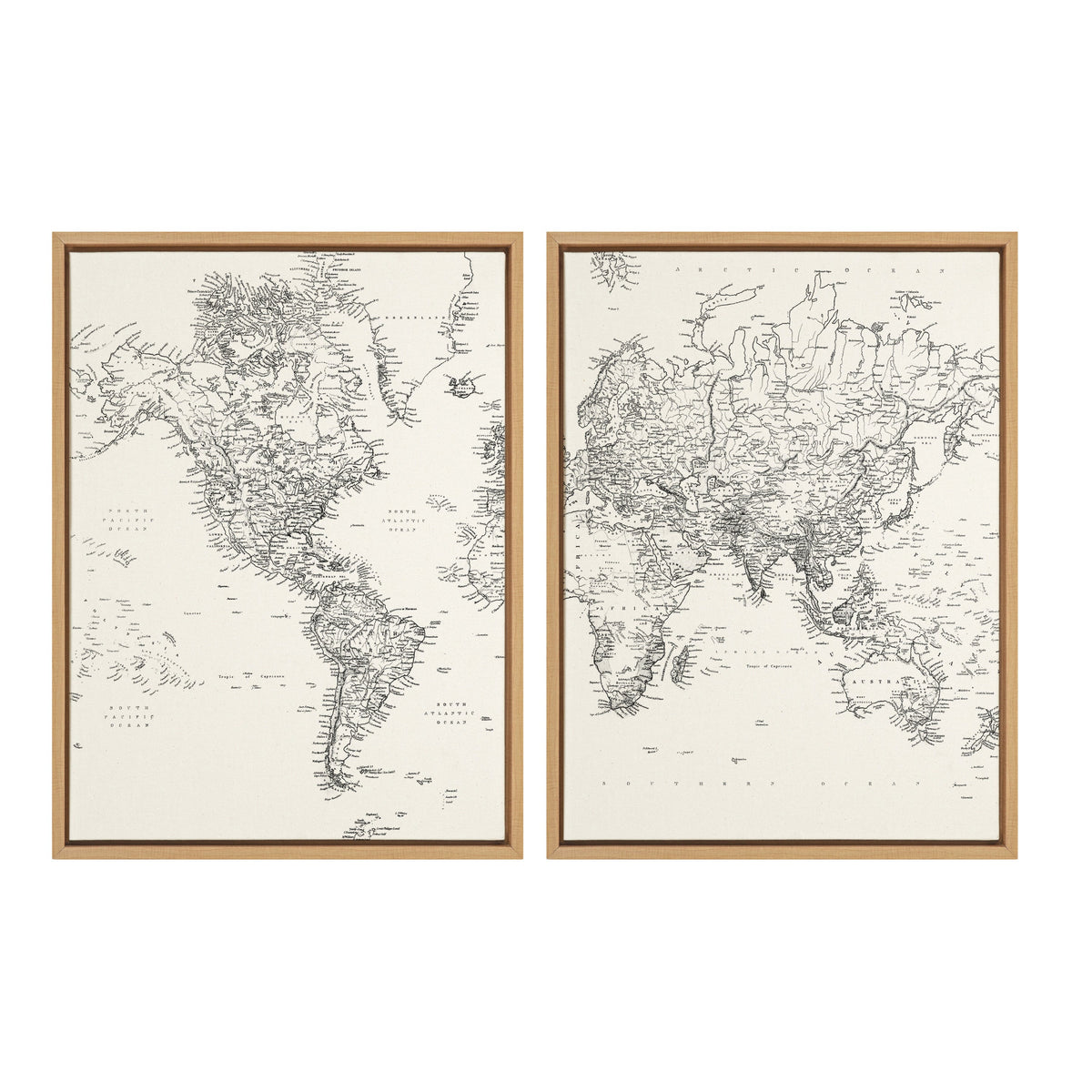 Sylvie Vintage Black and White World Map Framed Canvas Set by The Creative Bunch Studio