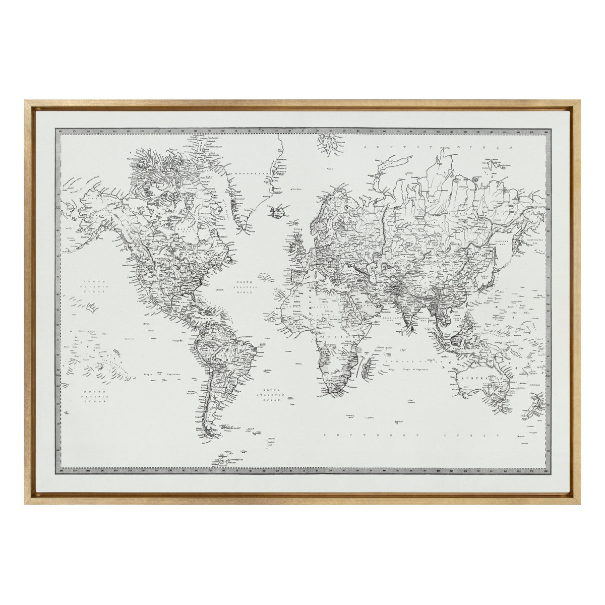 Sylvie Vintage Black and White World Map Framed Canvas by The Creative Bunch Studio