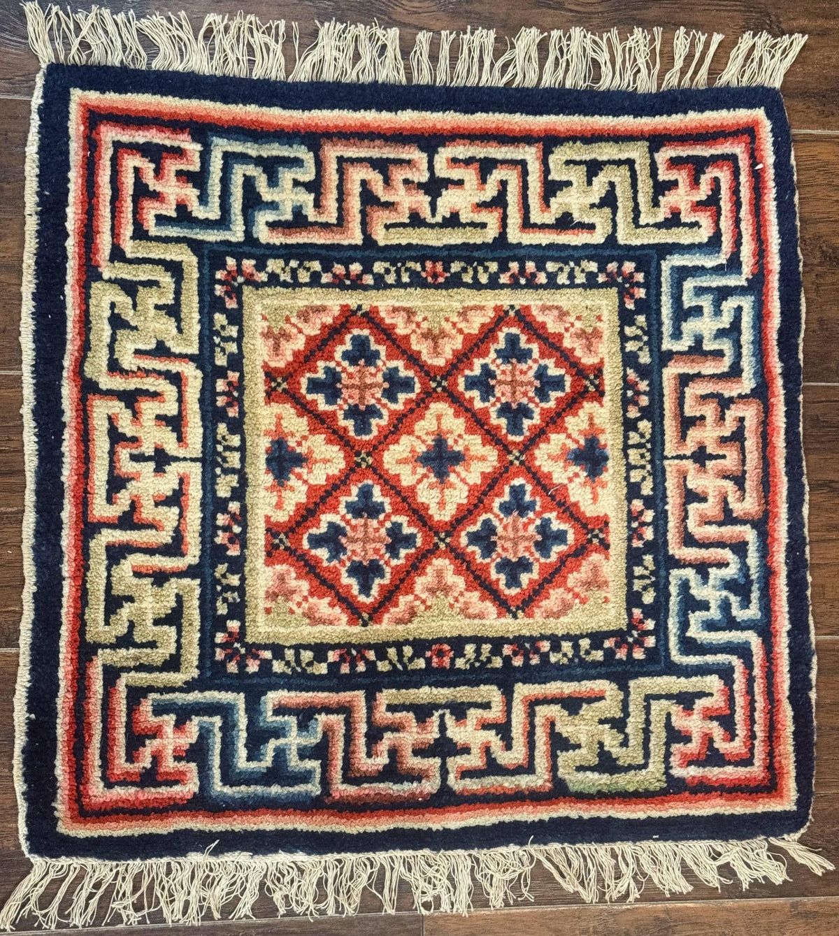 Small Antique Chinese Rug 2x2, Red Blue Square Rug Mat, Handmade, Tibetan Rug - Jewel Rugs, view 2