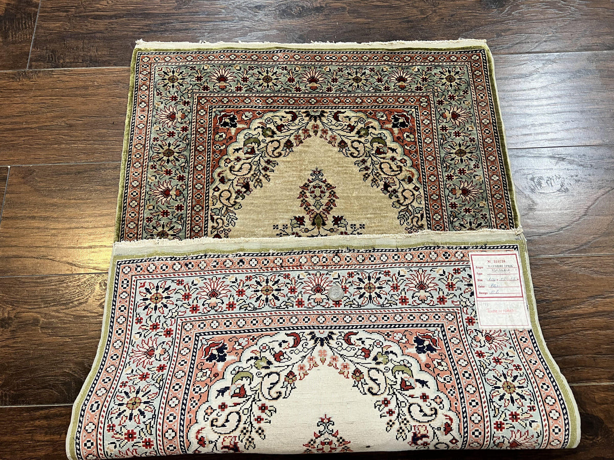 Silk Turkish Kayseri Rug 2x3, Very Finely Hand Knotted, Semi Open Field, Vintage, Silk Pile on Silk Foundation, 300 KPSI - Jewel Rugs, view 13