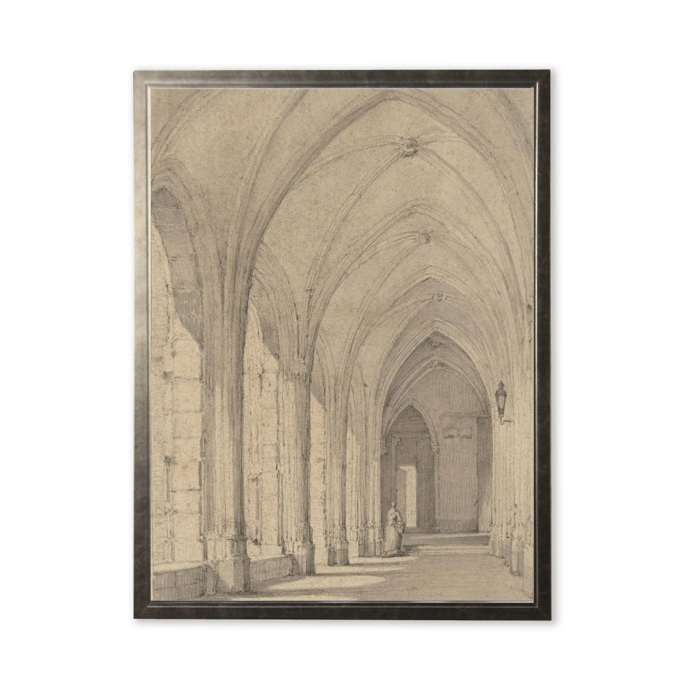 Church Hallway Painting Print in Silver Frame - Antique Curiosities