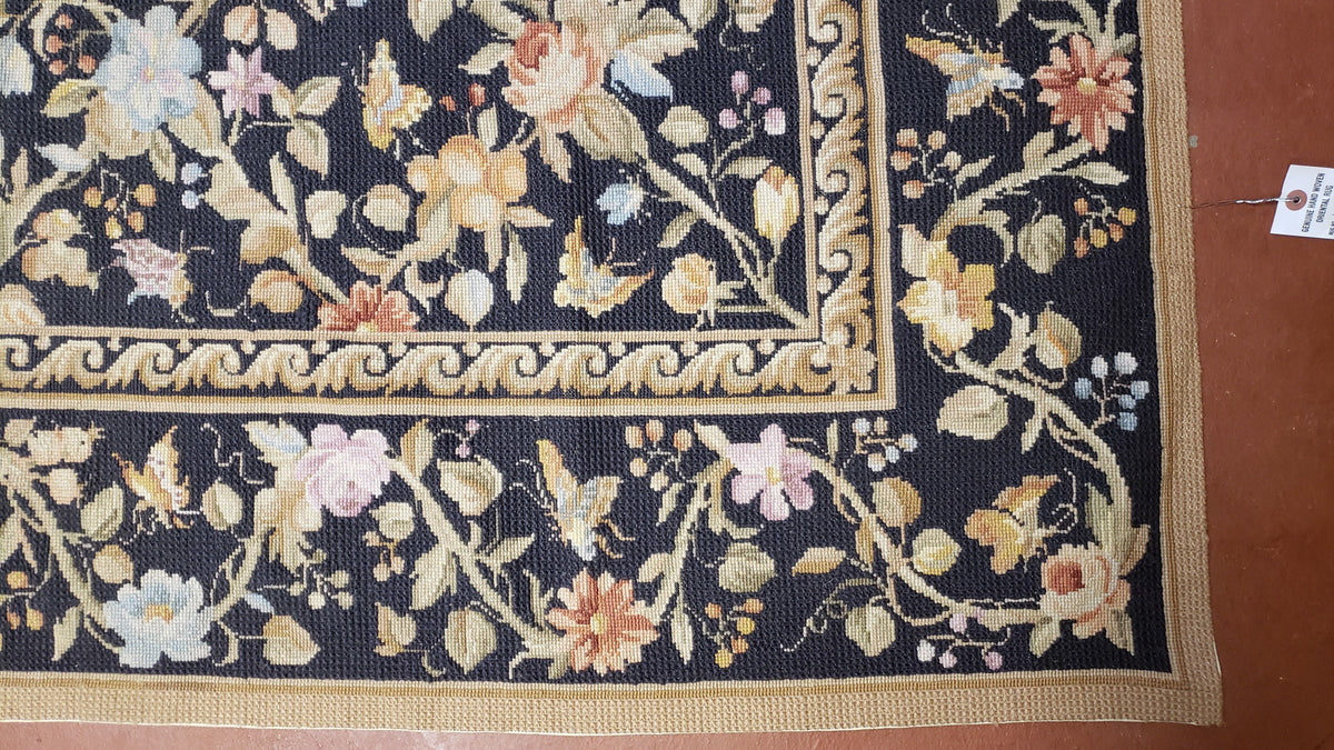 6x9 Vintage Needlepoint Rug, Petitepoint Carpet, Butterflies Floral Design - Jewel Rugs, view 9