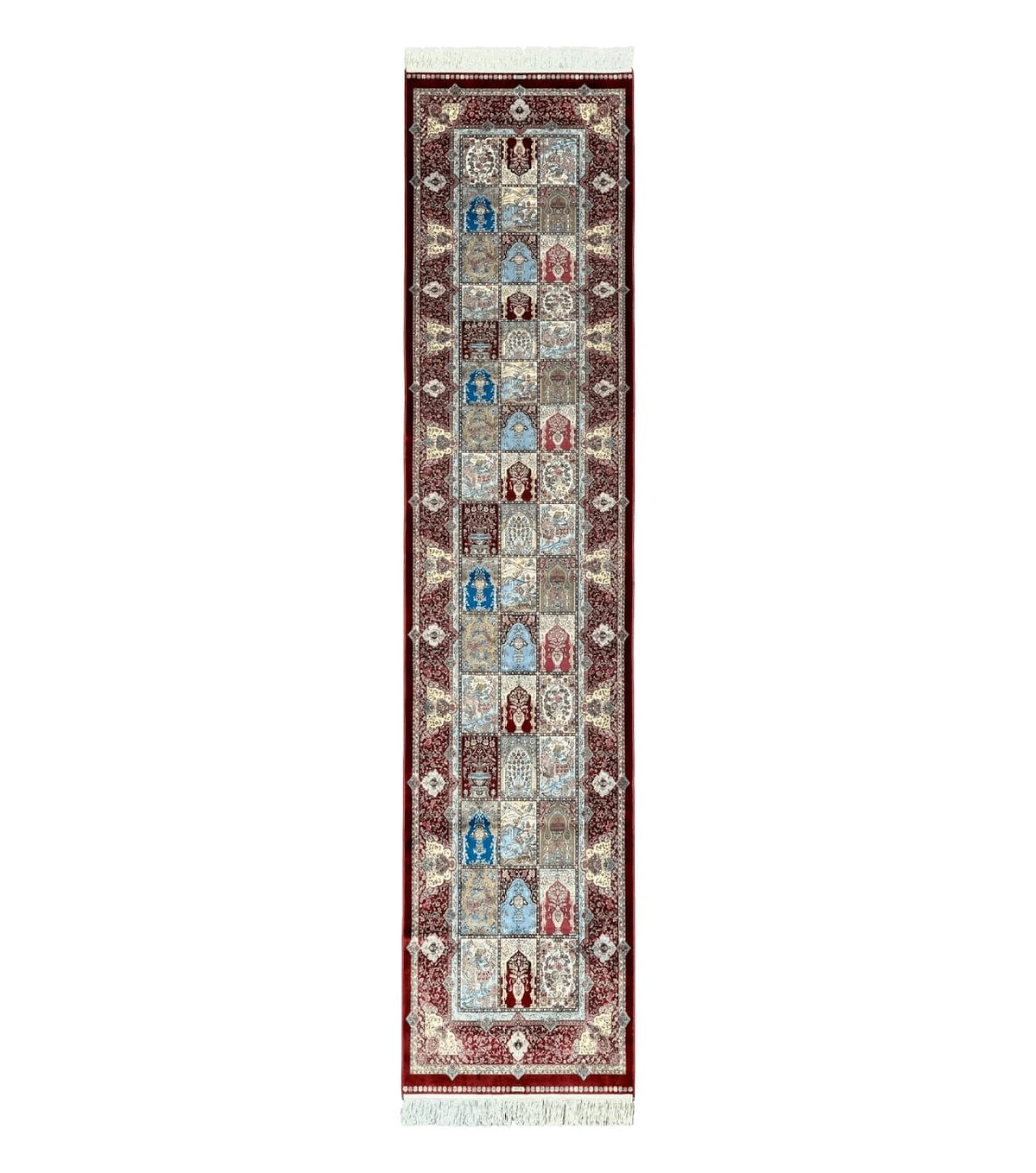 Turkish Silk Runner Rug 2.6 x 11.6, Panel Design, Dark Red Ivory, Bamboo Silk, New - Jewel Rugs