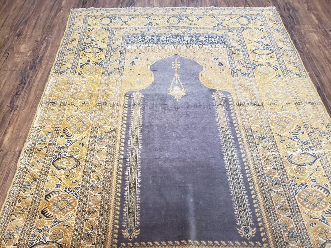 Rare Turkish Ghiordes Prayer Rug 4 x 5.8 ft, Late 19th Century Turkish Oriental Carpet, Mehrab Antique Prayer Rug, Museum Quality, Blue, Tan - Jewel Rugs, view 3