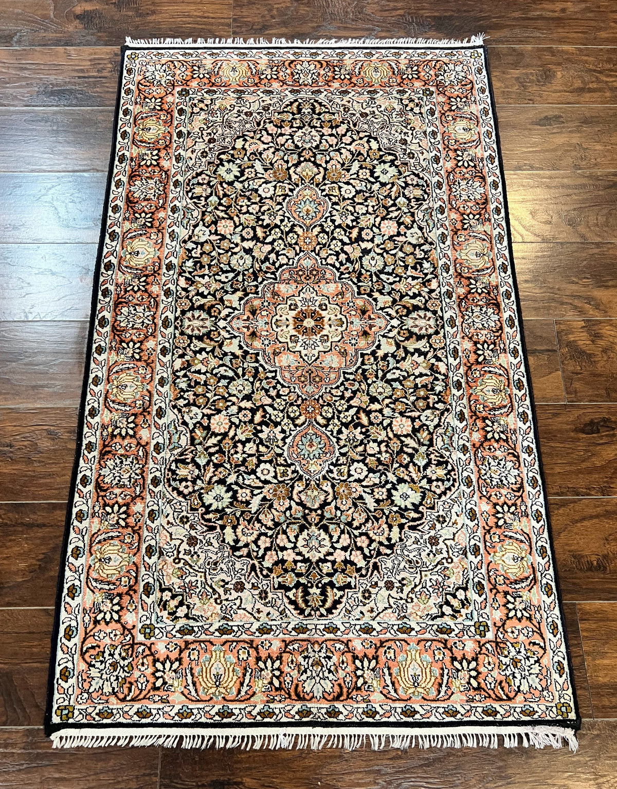 Silk Indian Kashmiri Rug 3x5, Indo Persian Silk on Silk Carpet, Very Fine 350 KPSI, Navy Blue, Handmade, Floral Medallion - Jewel Rugs, view 2