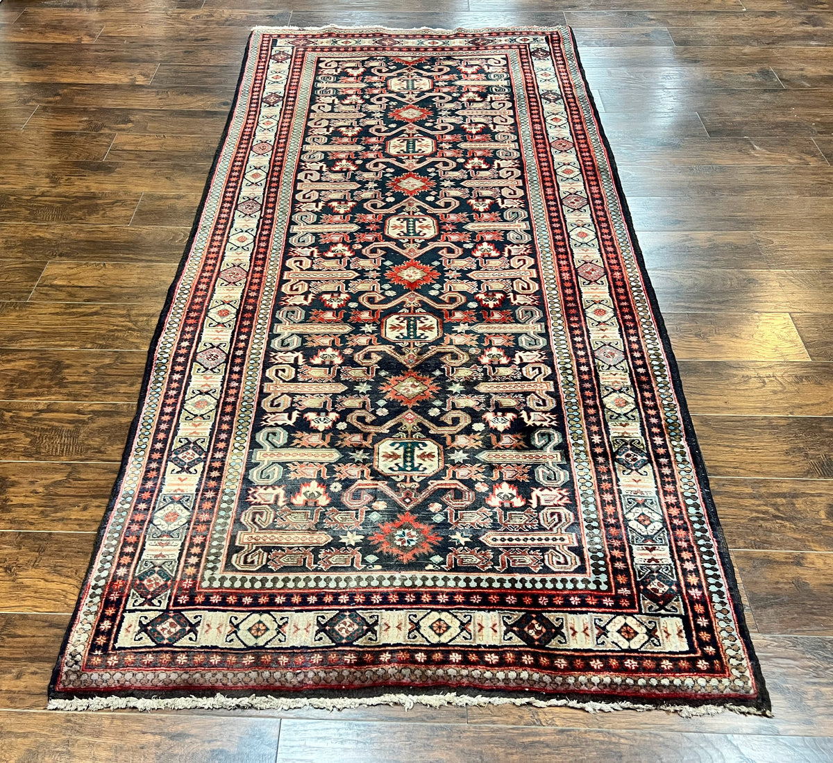 Persian Wide Runner Rug 4.8 x 10, Persian Kalegi Ardabil Rug, Perpedil Caucasian Rug, Antique Handmade Wool Carpet, Navy Blue Red, Tribal Rug - Jewel Rugs, view 2