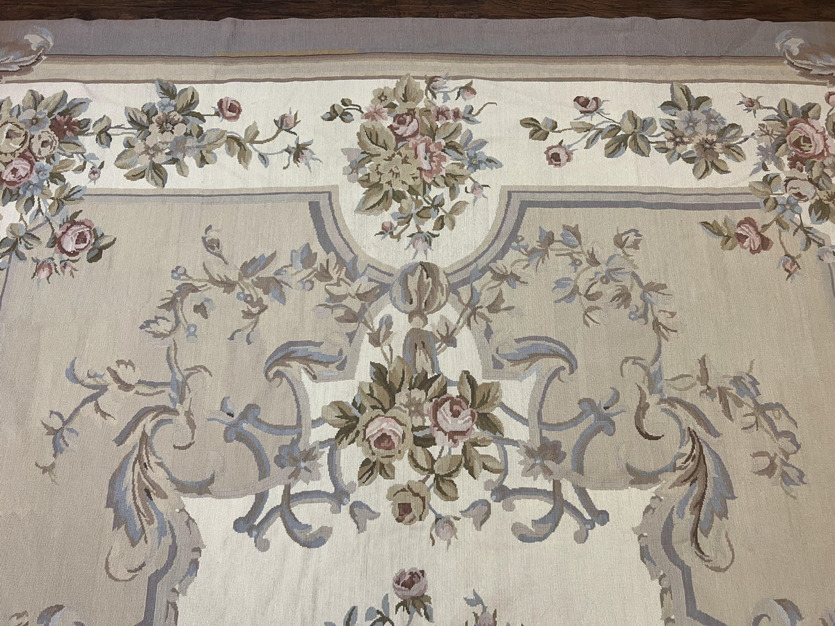 Aubusson Needlepoint Rug 9x12, VIntage Handmade Wool Beige Floral European Elegant Rug 9 x 12, Floral Roses - Jewel Rugs, view 4