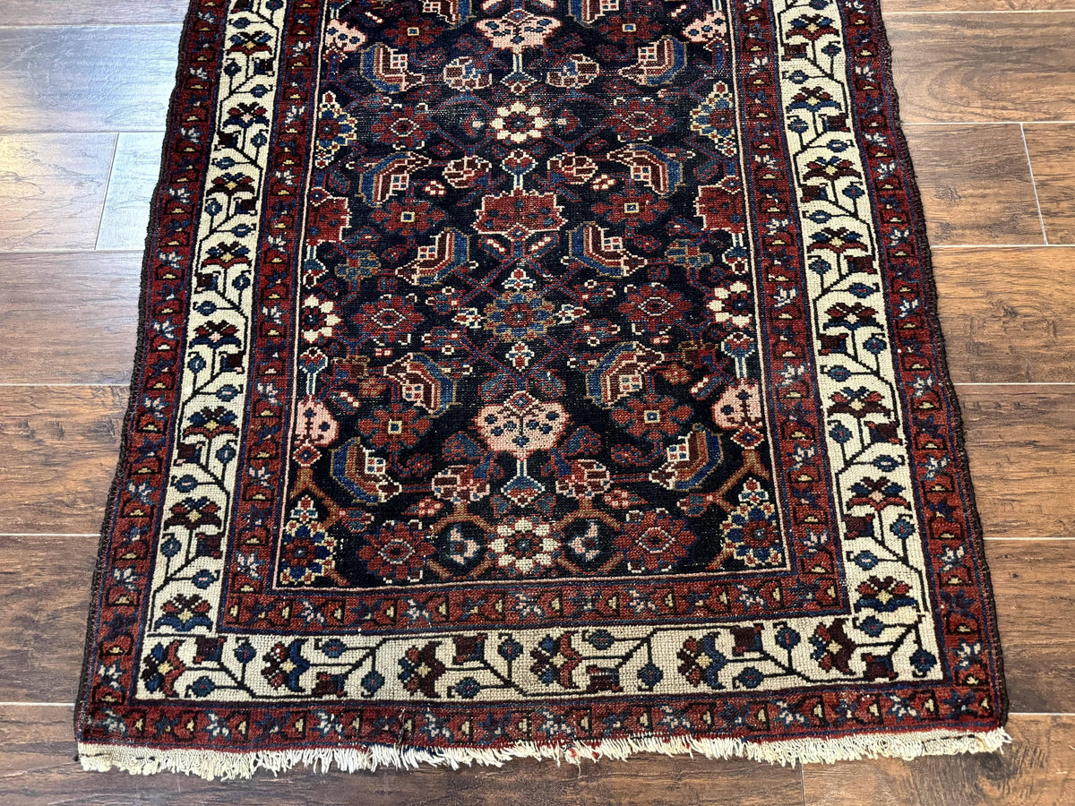 Navy Blue Antique Persian Rug 3x6, Blue and Ivory Persian Carpet, Handmade 1920s Hamadan Rug - Jewel Rugs, view 6