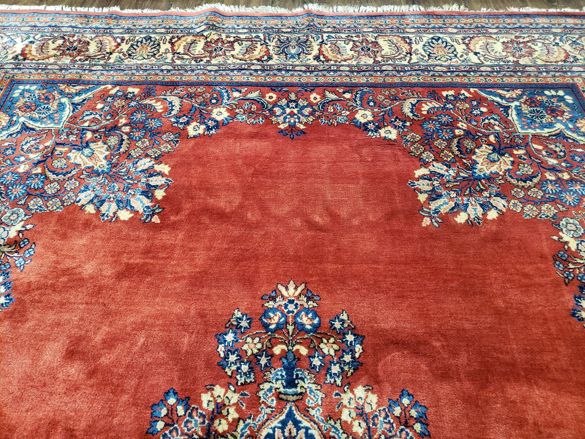Semi Antique Persian Sarouk Rug 9x12,  Semi Open Field with Central Medallion, Hand Knotted Wool, Tomato Red, 9 x 12 Authentic Oriental Carpet - Jewel Rugs, view 12