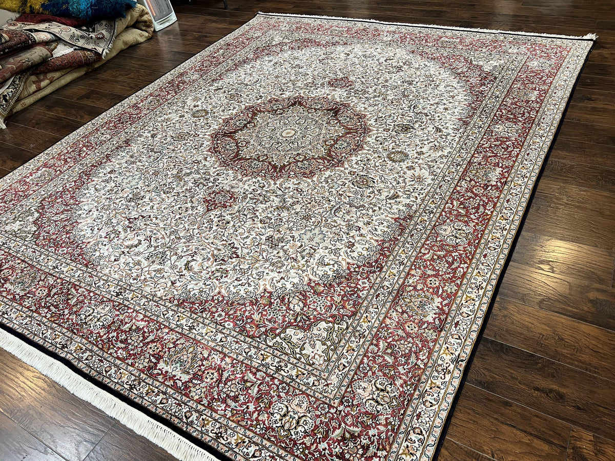 Silk Indian Kashmiri Rug 9 x 11 ft, Room Sized Silk Vintage Indo Persian Handmade Hand Knotted Fine Oriental Carpet, Ivory and Maroon - Jewel Rugs, view 2