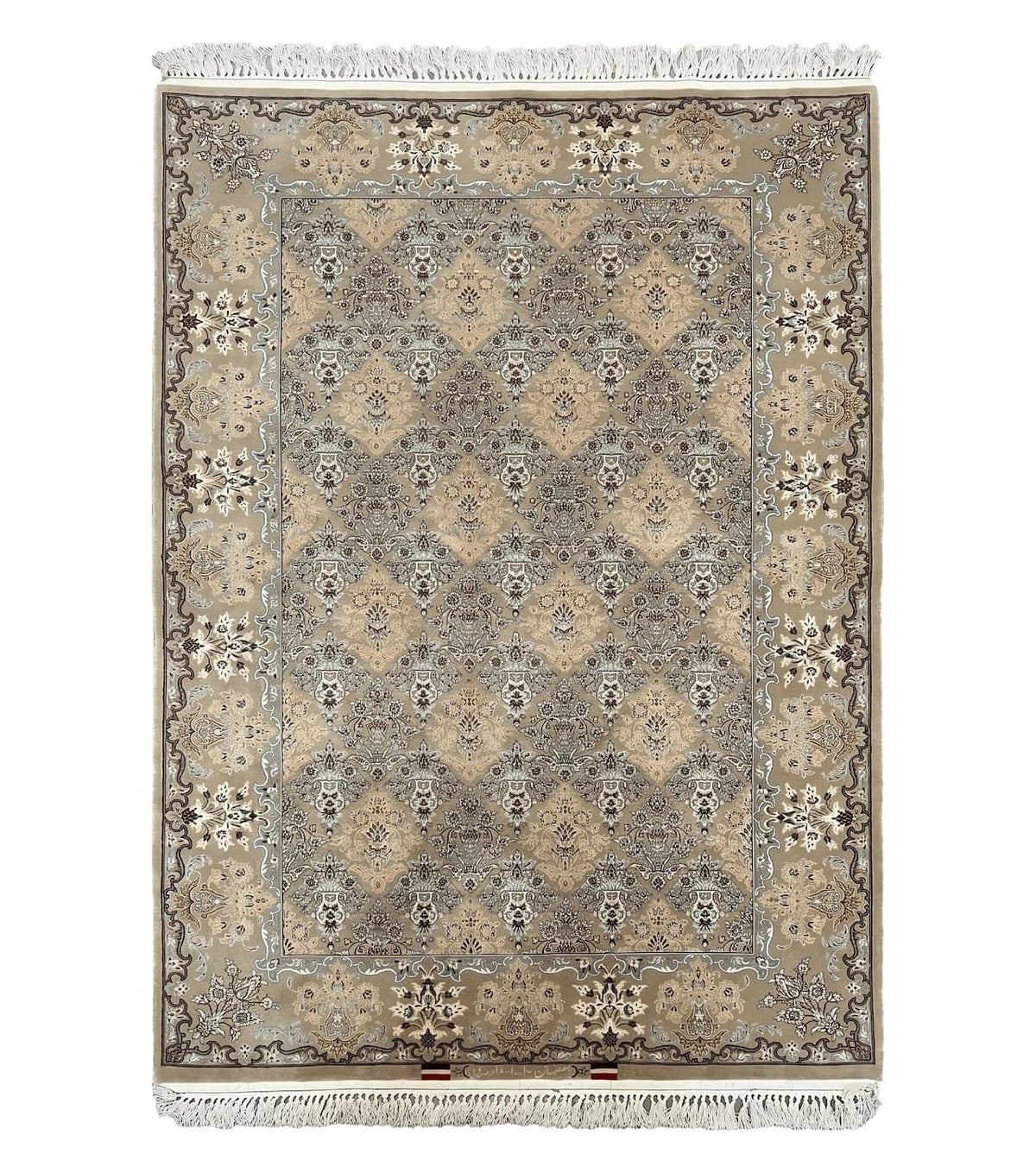 Super Fine Persian Isfahan Rug 3x5 ft, Kork Wool on Silk Foundation, Repeated Floral Motif, Taupe Tan Hand Knotted Oriental Carpet 3 x 5 ft, Signed - Jewel Rugs