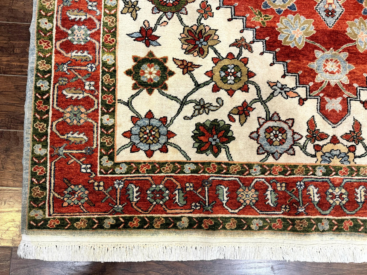 Indo Persian Heriz Rug 7x9, Geometric Pattern, Cream & Light Red, Handmade Vintage Wool Carpet - Jewel Rugs, view 9