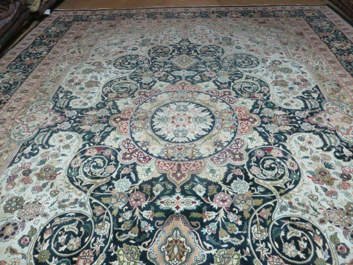 Beautiful Sino Persian Rug 9x12, Elegant High Quality Handmade Wool Oriental Carpet, Medallion with Corner Design, Floral, Black and Ivory - Jewel Rugs, view 11