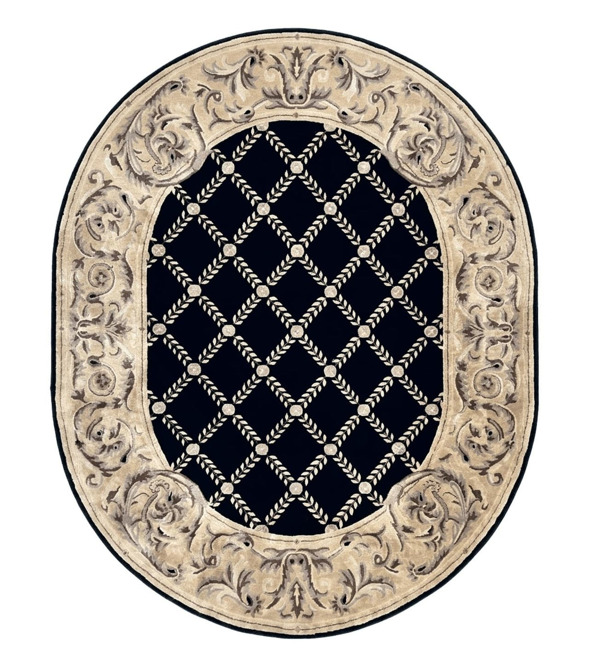 Oval Tibetan Rug 8x10, French Aubusson Design, Wool Handmade Vintage Carpet, Black & Beige, Soft Wool Pile - Jewel Rugs
