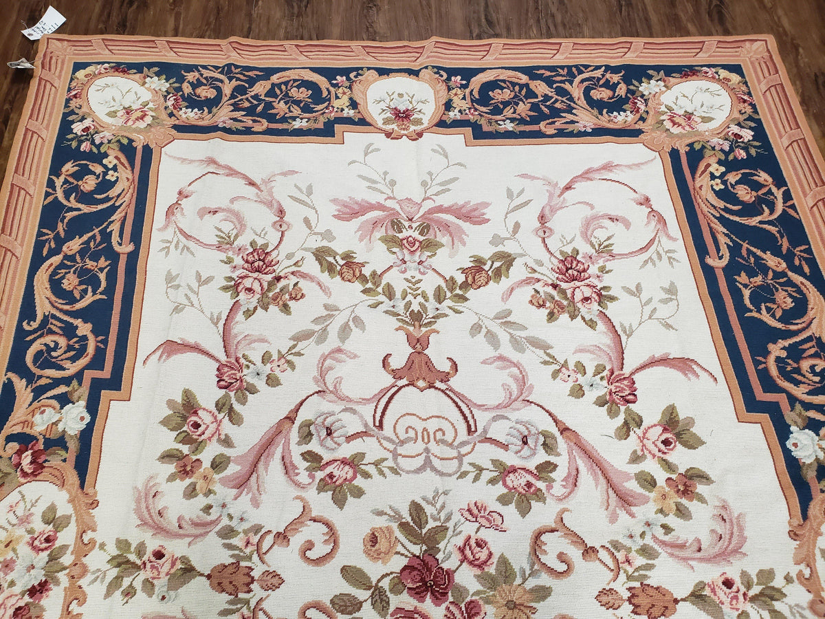 Chinese Aubusson Savonnerie Area Rug 6x8, Vintage Hand-Woven Needlepoint Rug, Flat Weave Handmade Wool Carpet Living Room Ivory & Navy Blue - Jewel Rugs, view 3