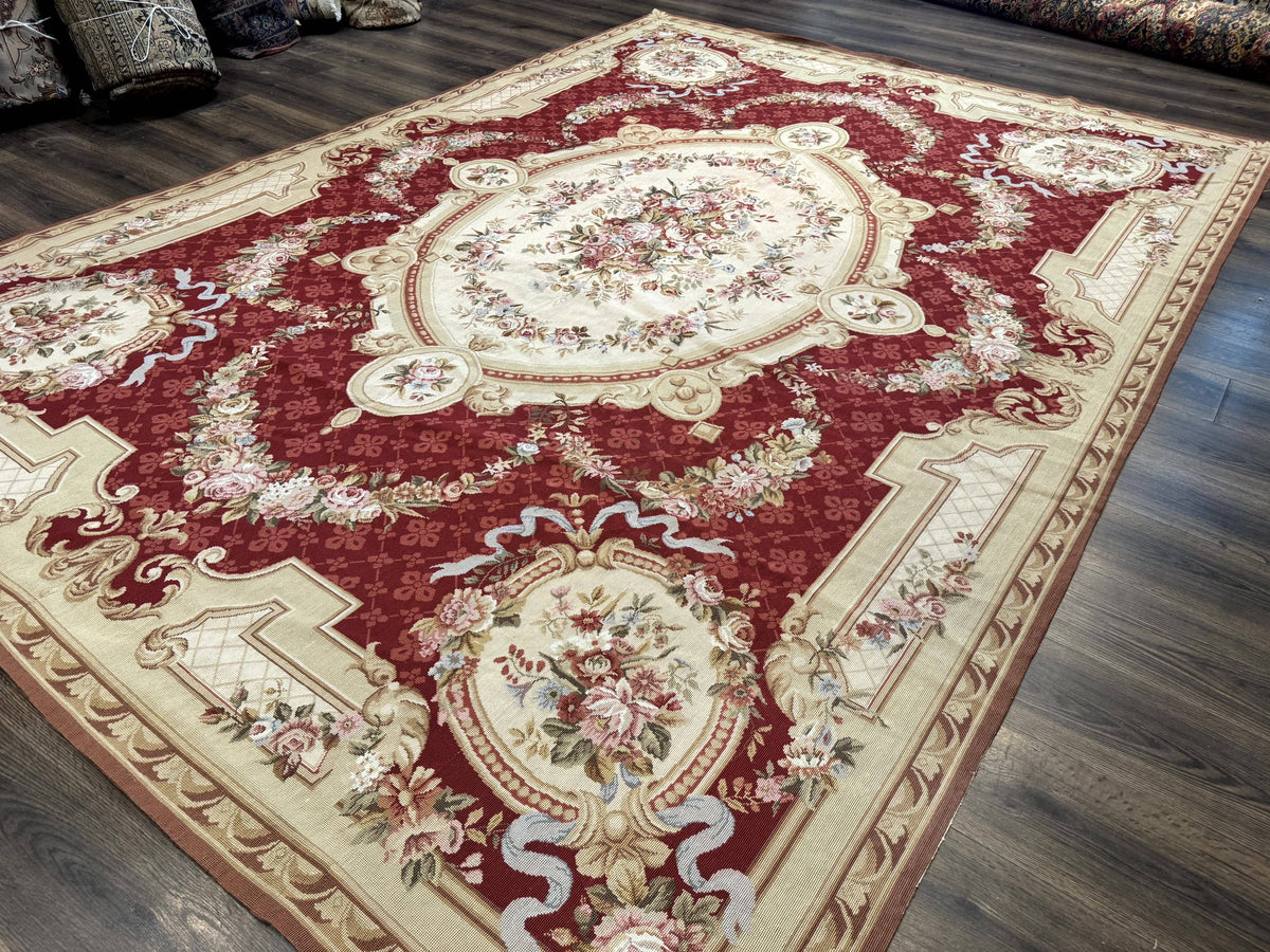 Aubusson Rug 8x11, Needlepoint Carpet, Red Ivory Beige, Vintage, French European Design - Jewel Rugs, view 3